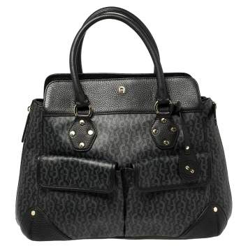 Pre Owned Aigner Black/Grey Signature Coated Canvas and Leather Satchel