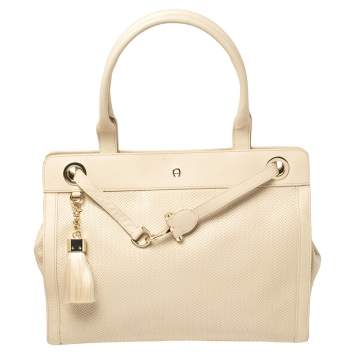 Pre Owned Aigner Beige Leather Woven Detail Cavallina Top Handle Bag