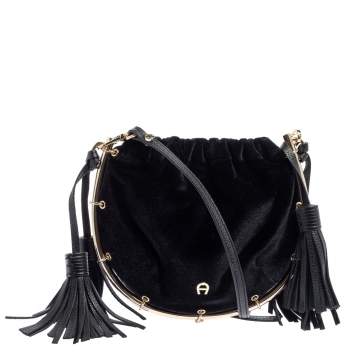 Pre Owned Aigner Black Velvet Tassel Crossbody Bag