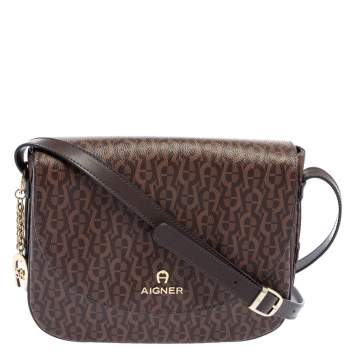 Pre Owned Aigner Brown Signature Coated Canvas Flap Crossbody Bag