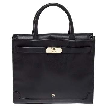 Pre Owned Aigner Black Leather Turnlock Tote