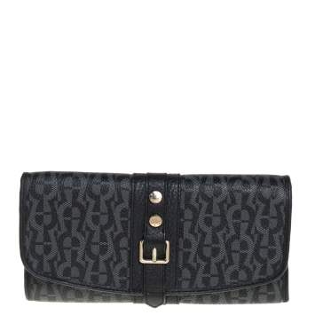 Pre Owned Aigner Black Monogram Coated Canvas and Leather Buckle Flap Continental Wallet