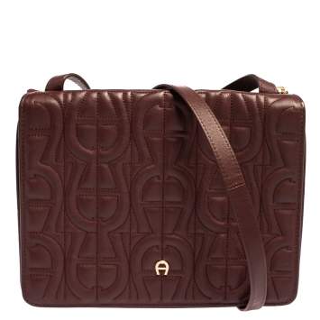 Pre Owned Aigner Burgundy Logo Embossed Leather Flap Crossbody Bag