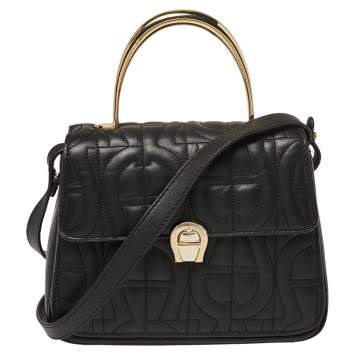 Pre Owned Aigner Black Embossed Leather Genoveva Top Handle Bag