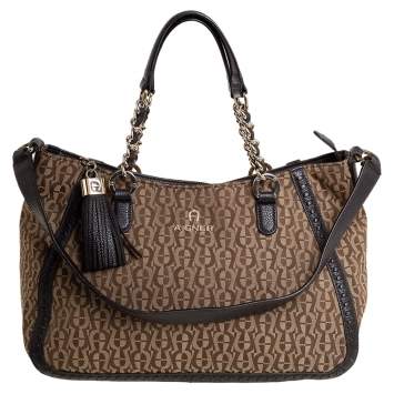 Pre Owned Aigner Brown/Beige Signature Canvas and Leather Tassel Shoulder Bag