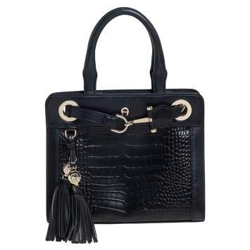 Pre Owned Aigner Black Crocodile Embossed Leather Cavallina Top Handle Bag