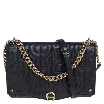 Pre Owned Aigner Black Logo Embossed Flap Chain Shoulder Bag