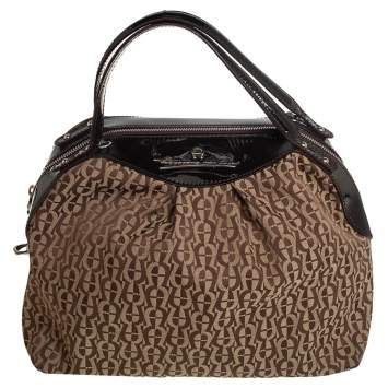 Pre Owned Aigner Brown/Beige Signature Canvas and Patent Leather Satchel