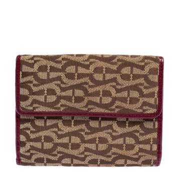 Pre Owned Aigner Brown/Burgundy Signature Canvas and Leather Trifold Wallet