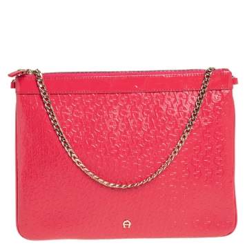 Pre Owned Aigner Pink Monogram Patent Leather Chain Clutch