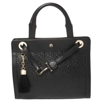 Pre Owned Aigner Black Signature Embossed Leather Cavallina Tote