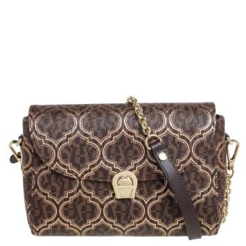 Pre Owned Aigner Brown/Gold Signature Coated Canvas and Leather Flap Shoulder Bag