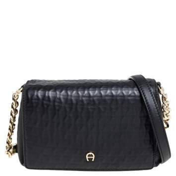 Pre Owned Aigner Black Leather Flap Crossbody Bag