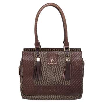 Pre Owned Aigner Brown Signature Canvas And Leather Tassel Satchel