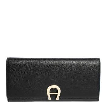Pre Owned Aigner Black Leather Logo Flap Continental Wallet