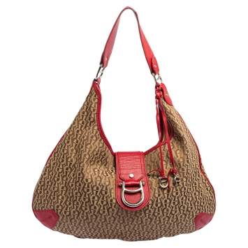 Pre Owned Aigner Red/Beige Signature Canvas and Leather Logo Buckle Flap Hobo
