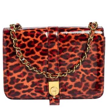Pre Owned Aigner Red/Peach Leopard Print Patent Leather Flap Chain Shoulder Bag