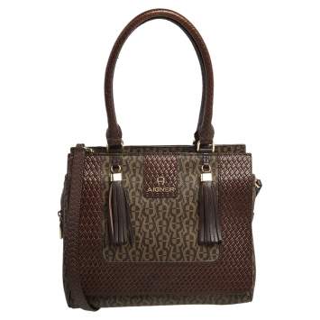 Pre Owned  Aigner Brown Signature  Coated Canvas and Leather Tassel Satchel