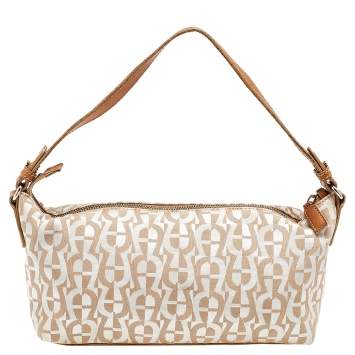 Pre Owned Aigner Beige/Cream Canvas And Leather Baguette