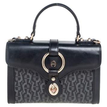 Pre Owned Aigner Black/Grey Signature Coated Canvas and Leather Small Fiorentina Top Handle Bag
