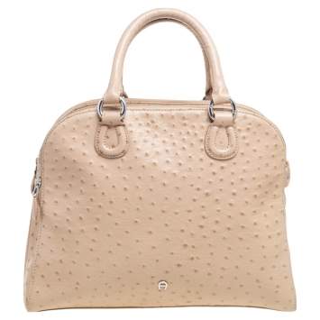Pre Owned Aigner Beige Ostrich Embossed Leather Double Zip Satchel