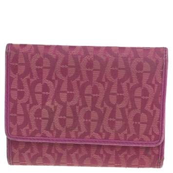Pre Owned Aigner Magenta Signature Canvas and Leather Trifold Wallet