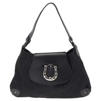 Pre Owned Aigner Black Signature Canvas and Leather Hobo