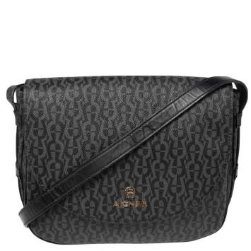 Pre Owned Aigner Black Signature PVC and Leather Messenger Bag