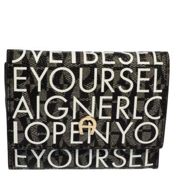 Pre Owned Aigner White/Black Signature Coated Canvas Compact Wallet