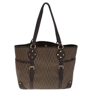 Pre Owned Aigner Dark Brown/Beige Signature Coated Canvas And Leather Tote