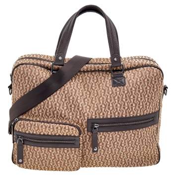 Pre Owned Aigner Dark Brown/Beige Signature Canvas And Leather Laptop Bag