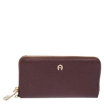 Pre Owned Aigner Burgundy Leather Zip Around Wallet