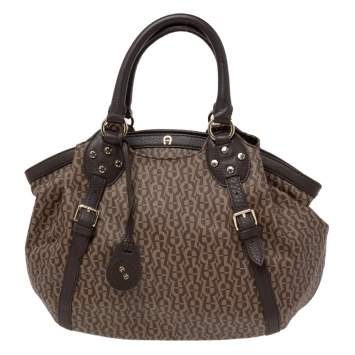 Pre Owned Aigner Brown Signature Coated Canvas and Leather Zip Shoulder Bag