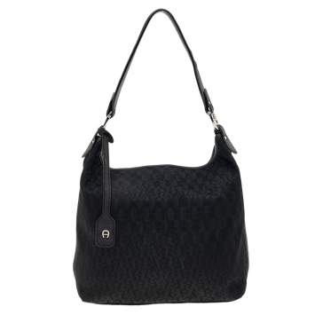 Pre Owned Aigner Black Signature Canvas and Leather Hobo