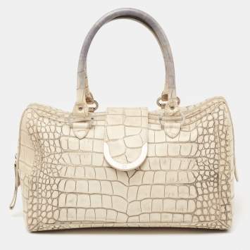 Pre Owned Aigner Vanilla/Black Croc Embossed Leather Flap Satchel
