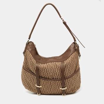 Pre Owned Aigner Beige/Brown Signature Canvas and Leather Front Pocket Hobo