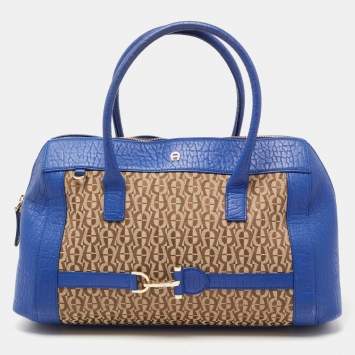 Pre Owned Aigner Blue/Beige Signature Canvas And Leather Satchel
