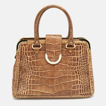 Pre Owned Aigner Brown Croc Embossed Leather Flap Frame Satchel