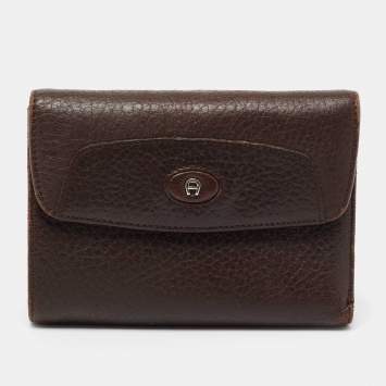 Pre Owned Aigner Brown Leather Logo Flap Trifold Wallet