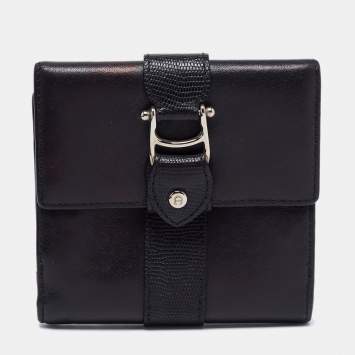 Pre Owned Aigner Black Leather Trifold Compact Wallet