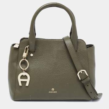 Pre Owned Aigner Green Leather Zip Satchel