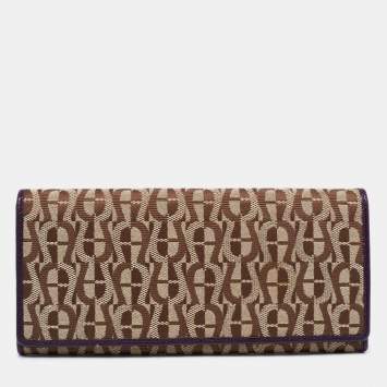 Pre Owned Aigner Beige/Purple Signature Canvas and Leather Flap Continental Wallet
