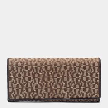 Pre Owned Aigner Beige/Brown Signature Canvas and Leather Flap Continental Wallet