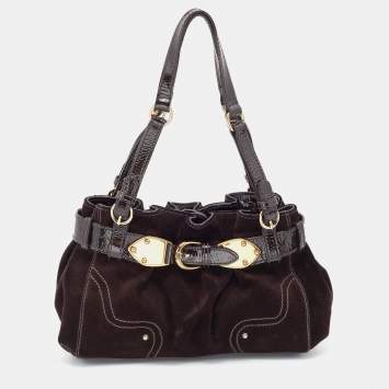 Pre Owned Aigner Brown Suede and Patent Leather Buckle Satchel