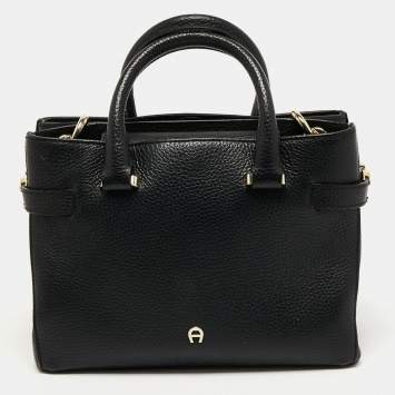 Pre Owned Aigner Black Leather Zip Satchel