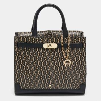 Pre Owned Aigner Black Monogram Coated Canvas and Leather Charm Tote