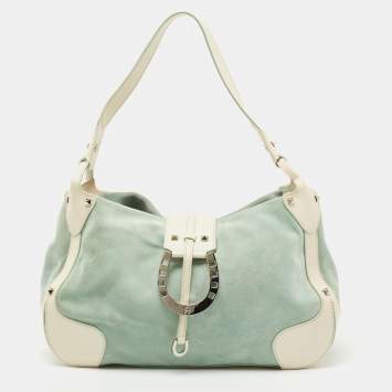 Pre Owned Aigner Green/White Leather and Suede Logo Buckle Shoulder Bag