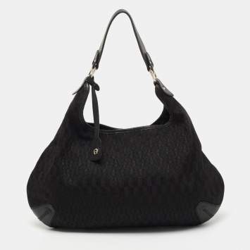 Pre Owned Aigner Black Signature Canvas and Leather Hobo