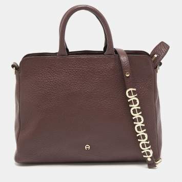 Pre Owned Aigner Dark Brown Leather Embellished Satchel