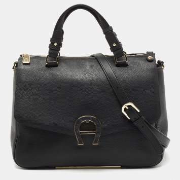 Pre Owned Aigner Black Leather Zip Satchel